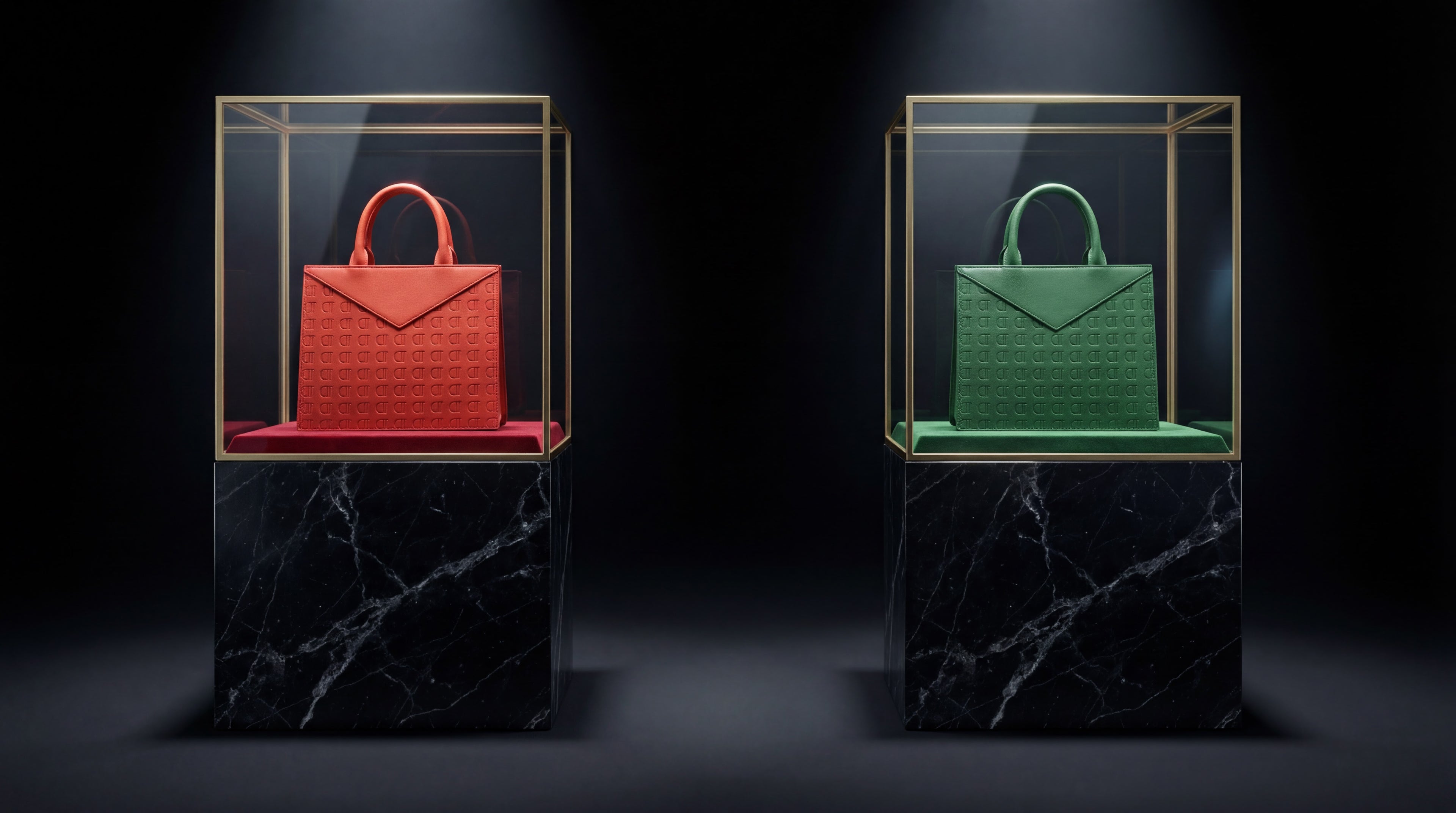 Two handbags, one red and one green, in glass display cases on black marble bases.
