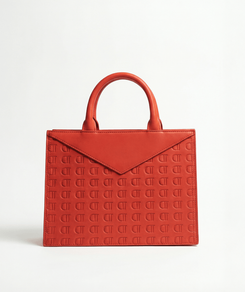 Rouge 1975 Red Leather Envelope Bag front view with embossed Diamotims logo on white background